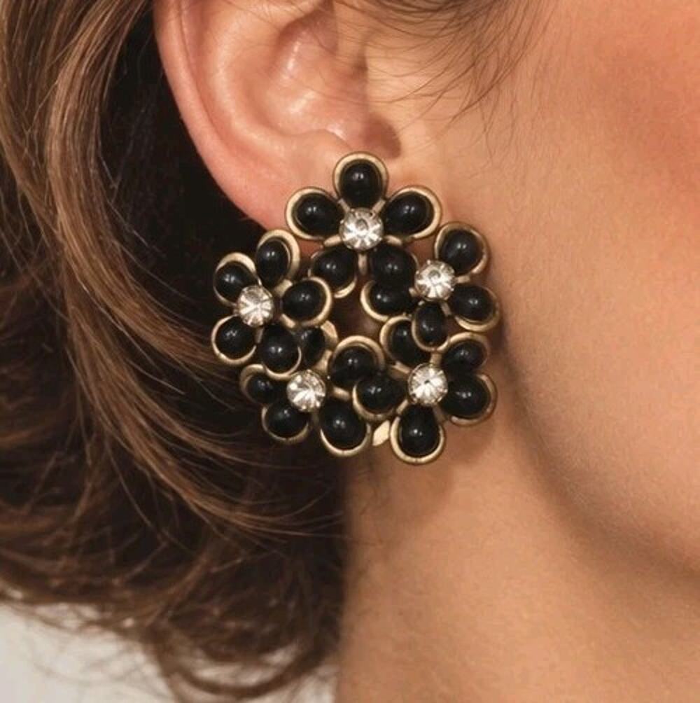 Vtg Flower Power 1960s Black Mod Rhinestone Clip On Earrings Floral Cluster